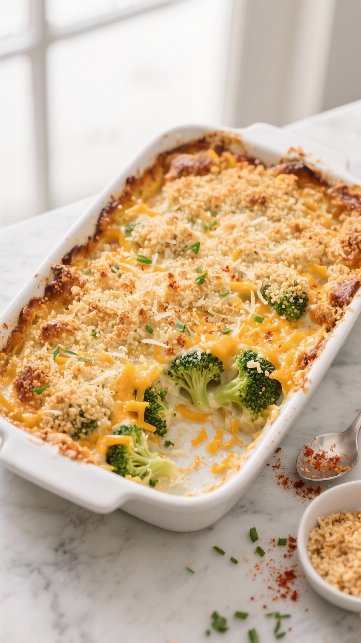 Final dish, tasty top view: Overhead shot of a freshly baked Broccoli Cheddar Casserole in a 9x13 wh