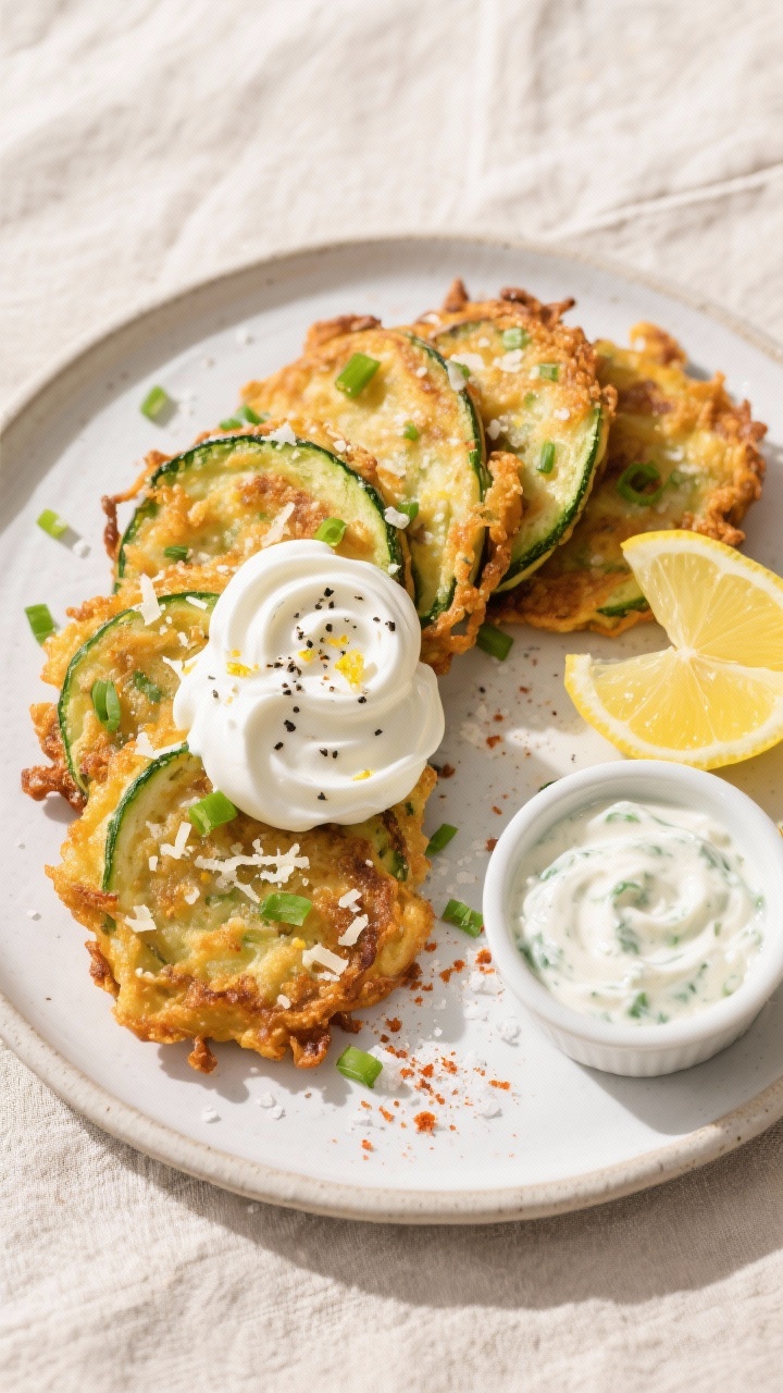 Final dish, tasty top view: Overhead shot of a plate of air-fried zucchini fritters arranged in a ne
