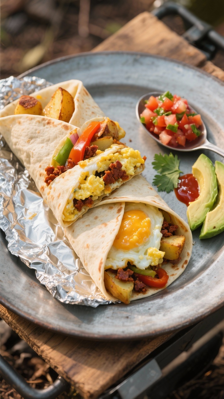 Final dish, tasty top view: Overhead shot of a sliced camping breakfast burrito on an enamel camp pl
