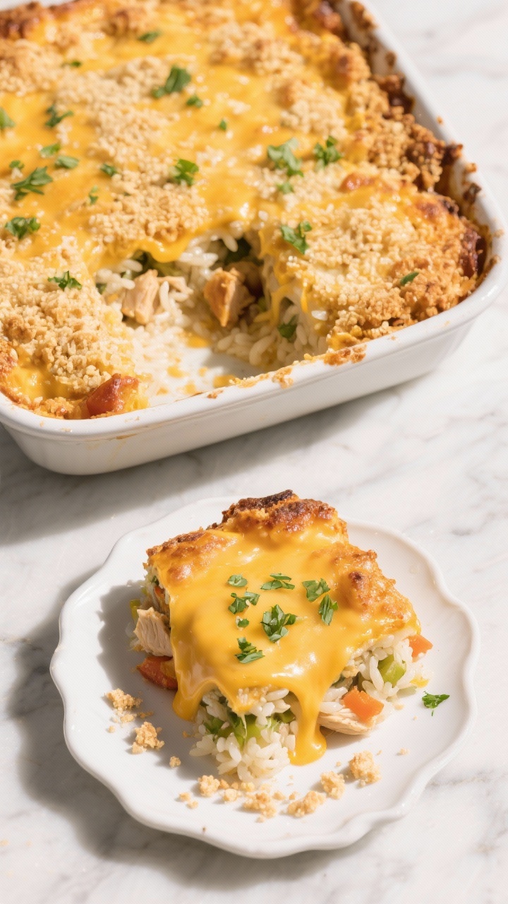 Final dish, tasty top view: Overhead shot of Cheesy Chicken & Rice Casserole after the final bake wi