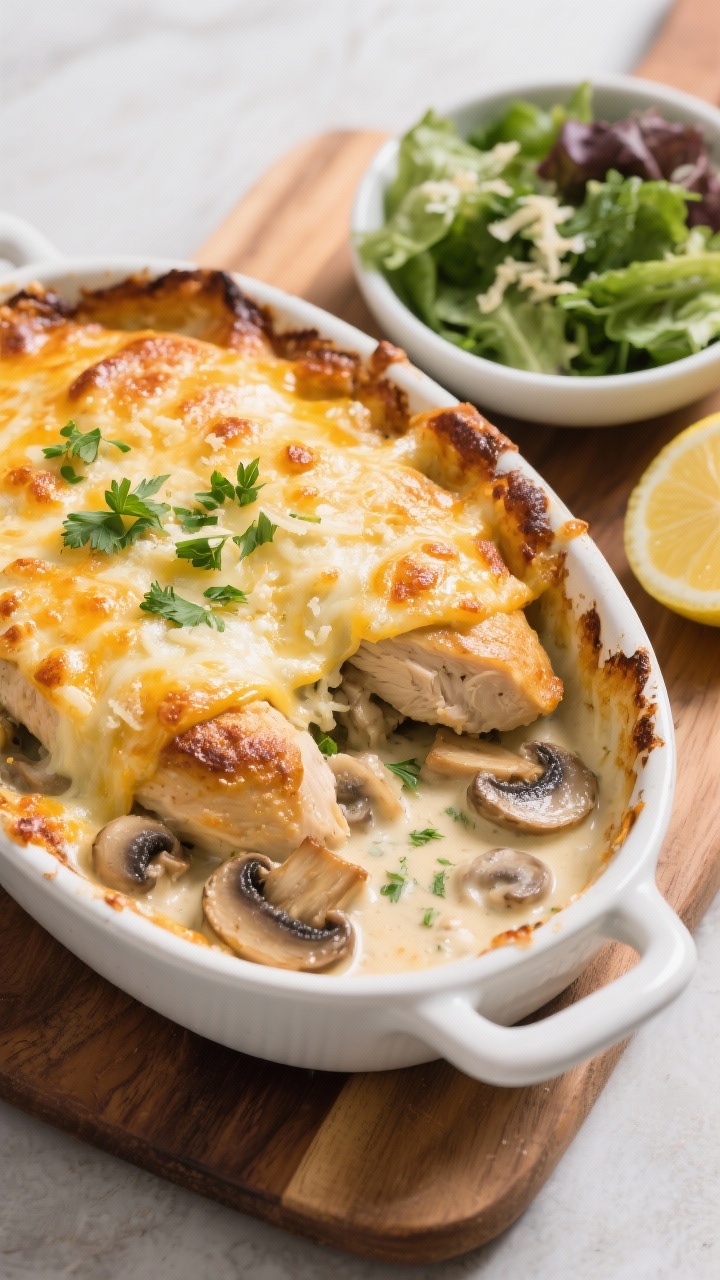 Final dish, tasty top view: Overhead shot of Chicken Mushroom Casserole just out of the oven, cheese