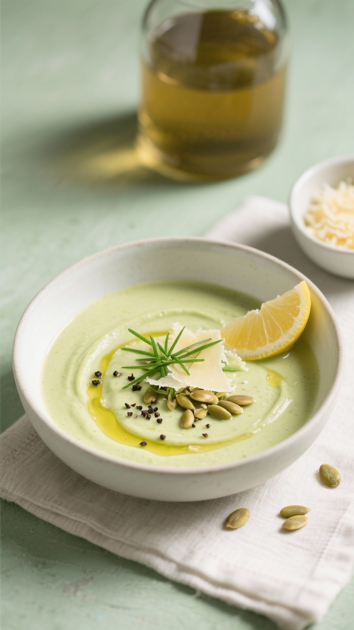 Final dish, tasty top view: Overhead shot of creamy zucchini soup served in a matte white bowl on a 