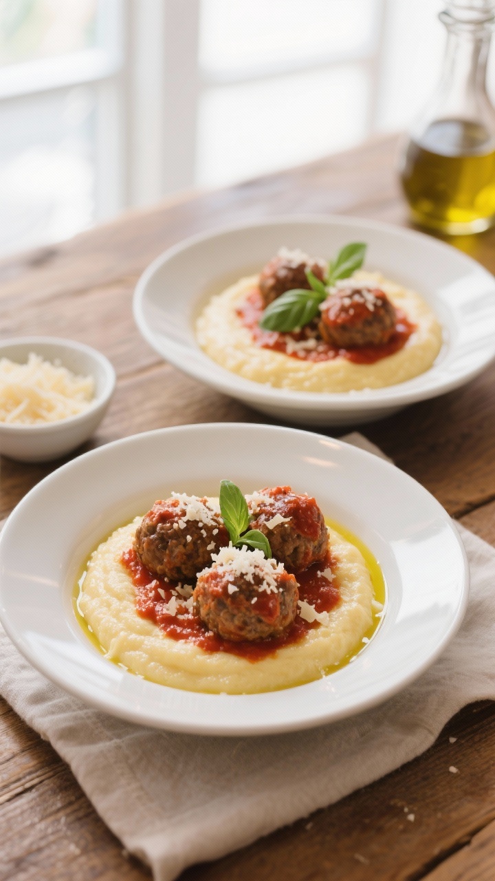 Final dish, tasty top view: Overhead shot of creamy polenta bowls topped with saucy meatballs; polen