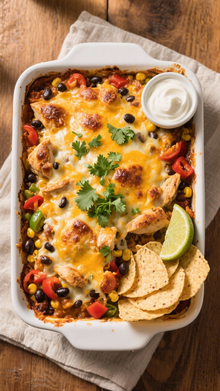 Final dish, tasty top view: Overhead shot of the baked Southwest Chicken Casserole in a 9x13 dish—