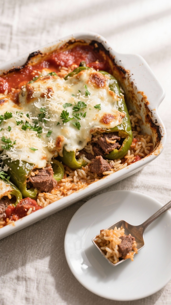 Final dish, tasty top view: Overhead shot of the stuffed green pepper casserole just out of the oven