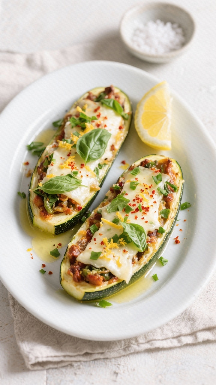 Final dish, tasty top view: Overhead shot of two plated vegetarian stuffed zucchini boats on a matte