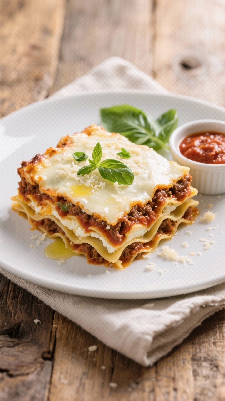 Final dish, top view: Overhead shot of a neatly sliced square of Easy No-Boil Lasagna Casserole plat