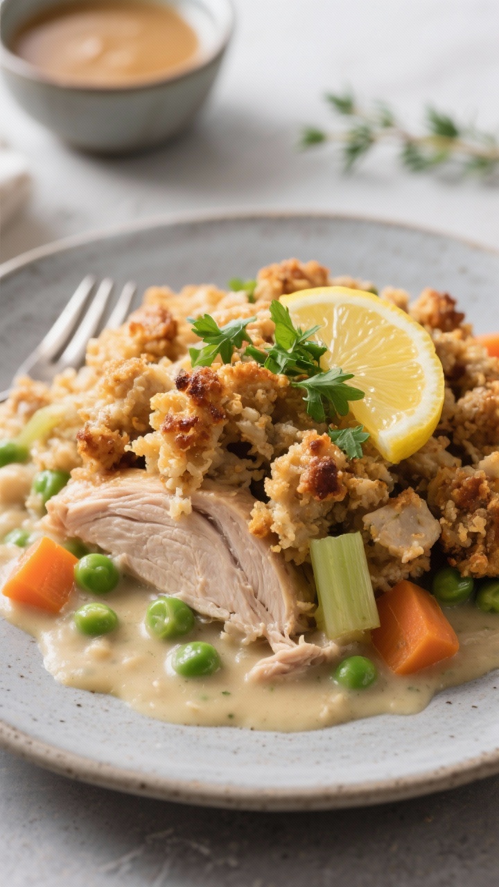 Final plated, close-up detail shot: A generous scoop of turkey stuffing casserole served on a matte 