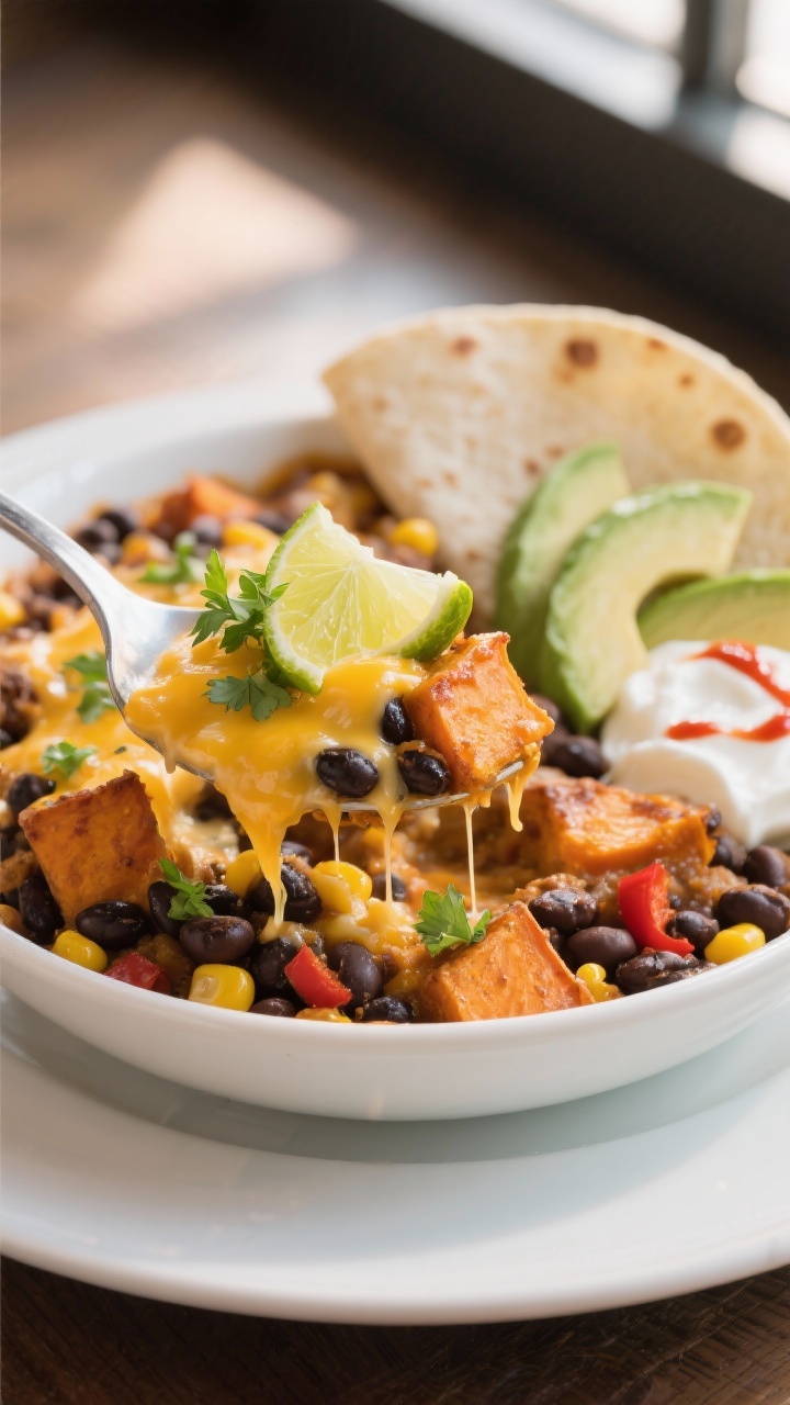 Final plated dish, close-up detail: A generous spoonful of Sweet Potato & Black Bean Casserole in a 