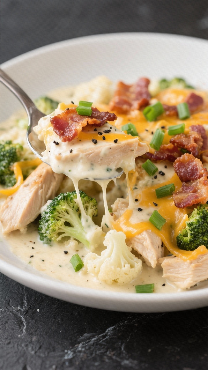 Final plated dish, close-up plated presentation: A generous spoonful of Keto Chicken Bacon Ranch Cas