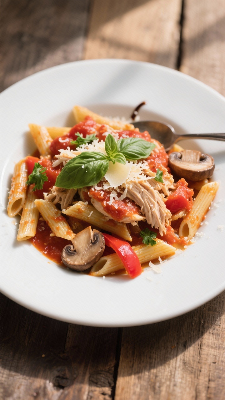 Final plated overhead: Italian crockpot chicken shredded and spooned over al dente penne, generously