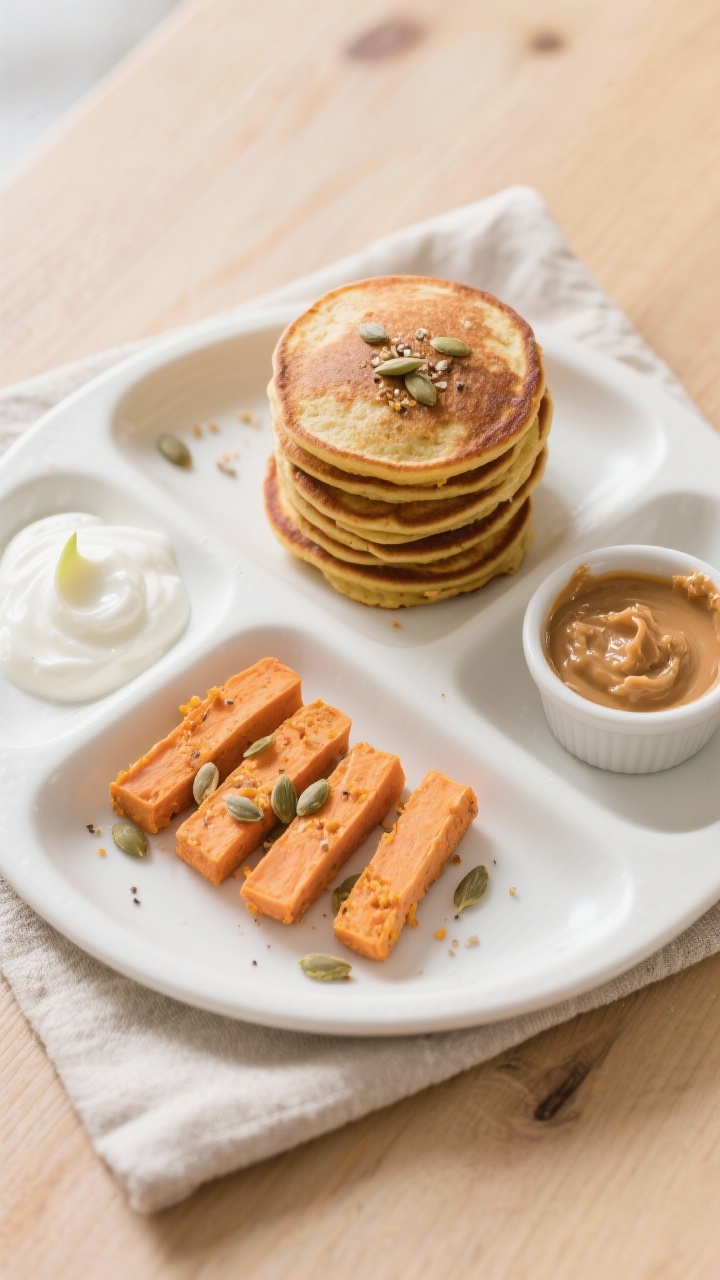 Final plated overhead shot: A toddler-friendly stack of small sweet potato pancakes, cut into finger