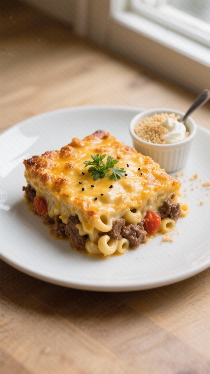 Final plated overhead: Top-down shot of a generous square of Beef Mac and Cheese Casserole plated on