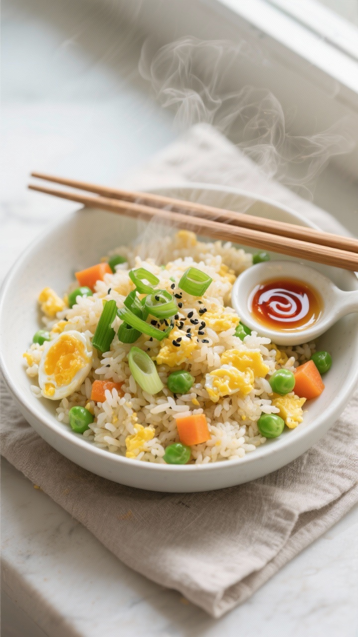 Final plated, tasty top view: Overhead shot of a steaming bowl of egg fried rice served in a matte w