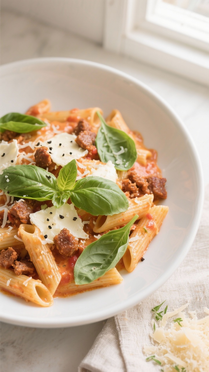 Final plated, tasty top view: Overhead shot of creamy one-pot Italian sausage pasta plated in a wide