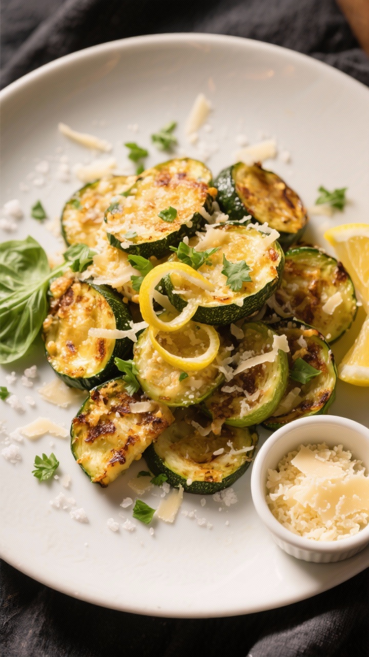 Final plated, tasty top view: Overhead shot of roasted zucchini with Parmesan piled onto a matte whi