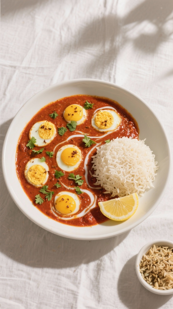 Final plated top view: Overhead shot of Indian-style egg curry served in a low, wide white bowl—si