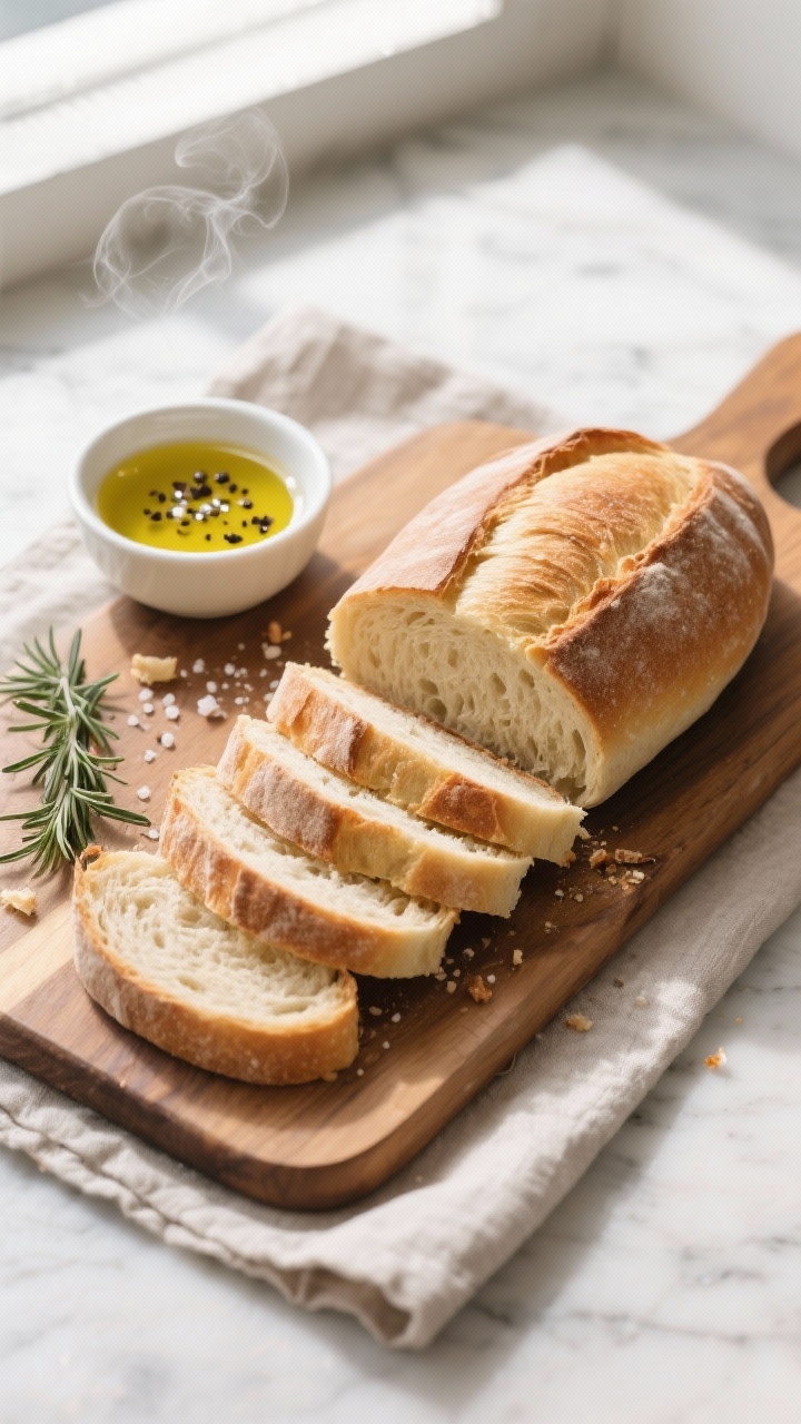 Final presentation/overhead shot: Overhead of a classic oval Italian loaf partially sliced on a wood