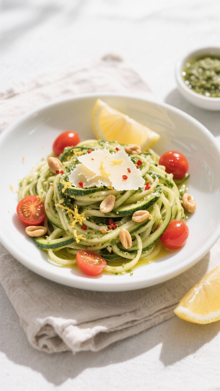 Overhead final dish: Beautifully plated bowl of zucchini noodles with pesto, topped with extra shave
