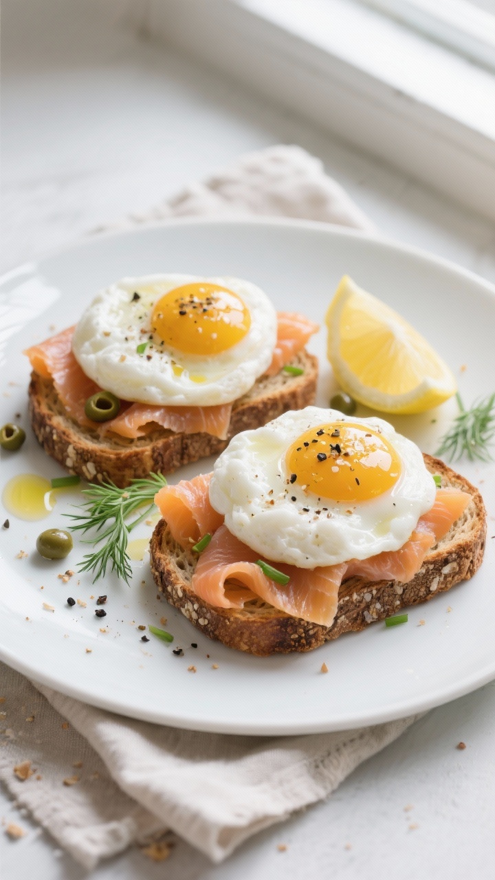 Overhead final presentation of cloud eggs on toasted rye with smoked salmon: two cloud eggs with set