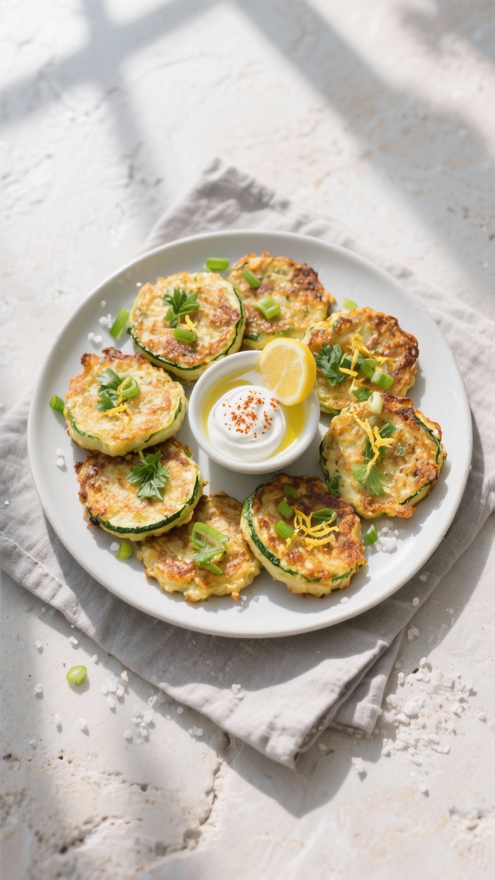 Overhead final presentation: of uniformly sized, 1/2-inch-thick baked zucchini fritters arranged in 