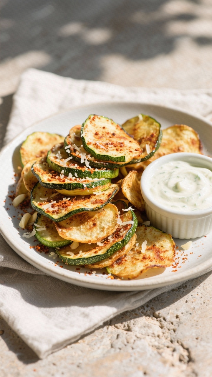 Overhead final presentation: Tasty of a heaping bowl of baked keto zucchini chips on a matte white p