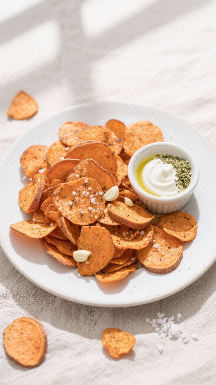 Overhead final presentation: Top-down shot of a heaping bowl of air fryer sweet potato chips served 