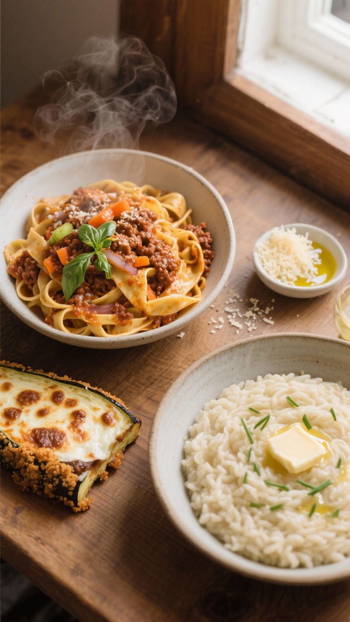Overhead shot of a cozy Italian comfort spread: a steaming bowl of tagliatelle tossed in rich Ragù 