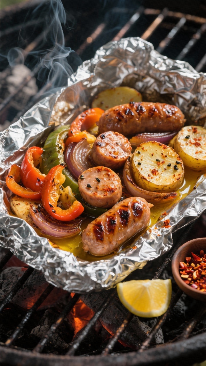 Overhead shot of a finished foil packet veggies and sausage dinner just opened on a grill grate: car