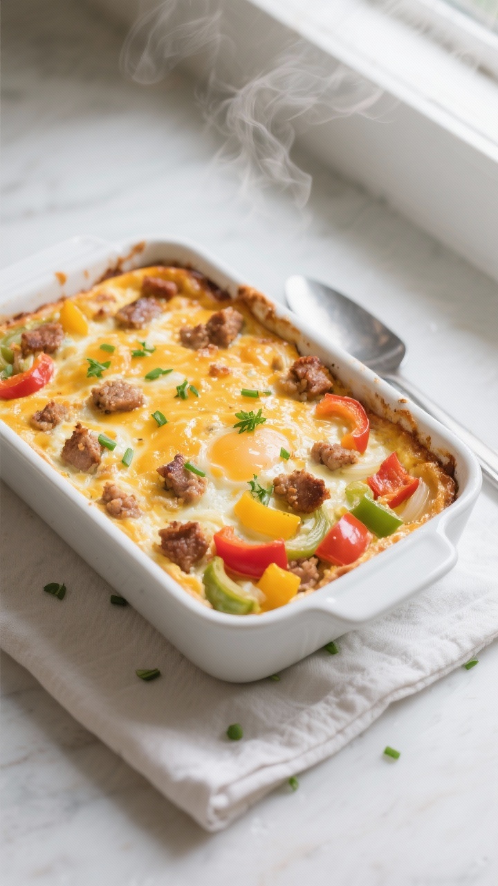 Overhead shot of a freshly baked breakfast egg casserole in a 9x13 white ceramic dish, top golden an