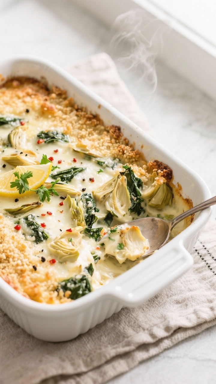Overhead shot of a freshly baked Creamy Spinach Artichoke Casserole just out of the oven, edges visi