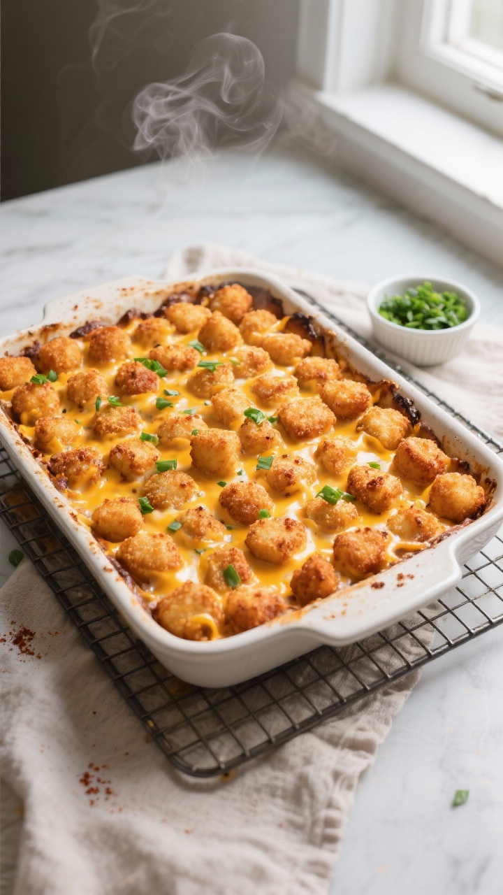 Overhead shot of a freshly baked tater tot casserole in a 9x13 dish on a wire rack just out of the 4