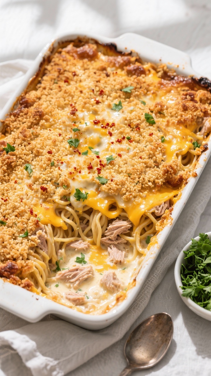 Overhead shot of a golden, bubbly tuna noodle casserole just out of the oven in a 9x13 baking dish, 