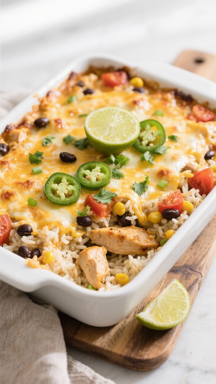Overhead shot of a just-baked Mexican Chicken and Rice Casserole in a 9x13 dish, cheese melted and l