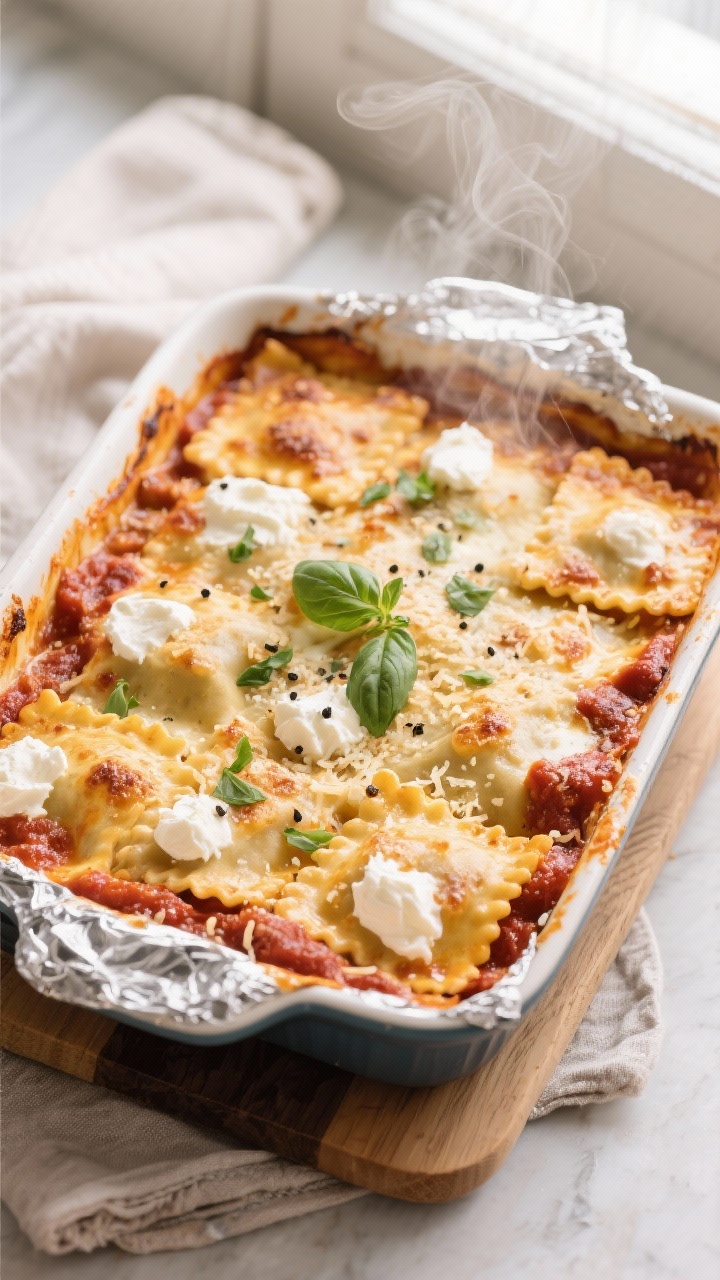 Overhead shot of a just-baked ravioli casserole in a 9x13 ceramic baking dish, foil freshly removed,