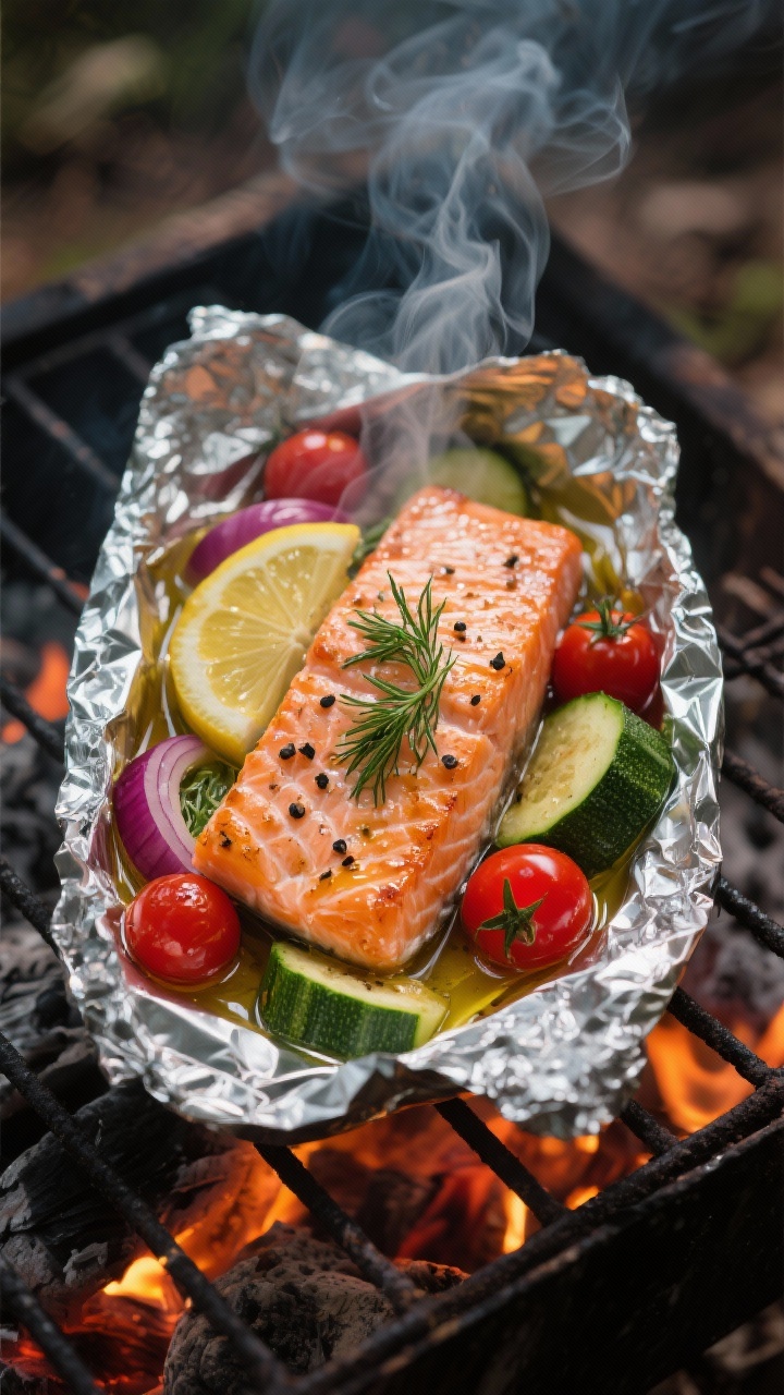 Overhead shot of a just-opened campfire foil packet featuring salmon with lemon slices, cherry tomat
