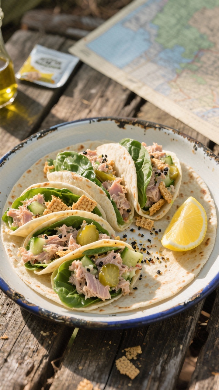 Overhead shot of a prepared Tuna Crunch Wrap, sliced into pinwheels and arranged in a rustic enamel 