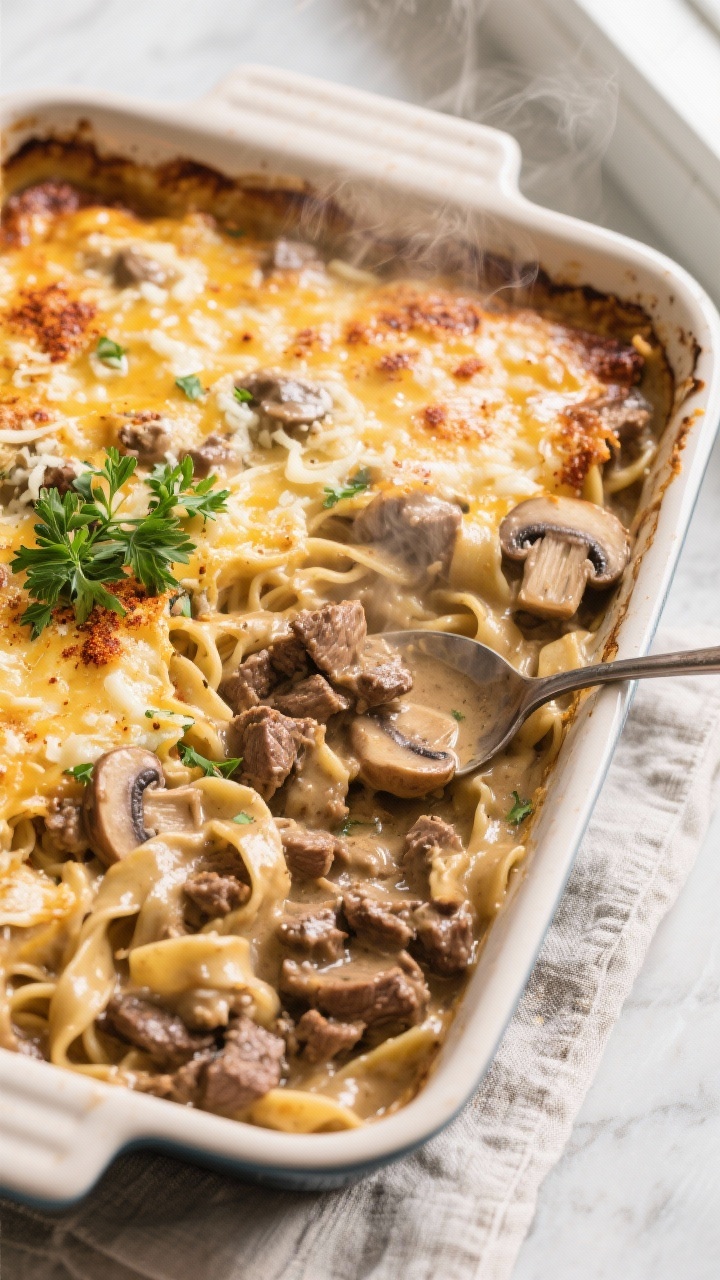 Overhead shot of beef stroganoff casserole just out of the oven in a 9x13 baking dish: bubbly edges,