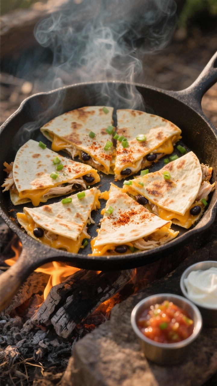 Overhead shot of campfire quesadillas sliced into neat wedges in a cast-iron skillet over glowing co