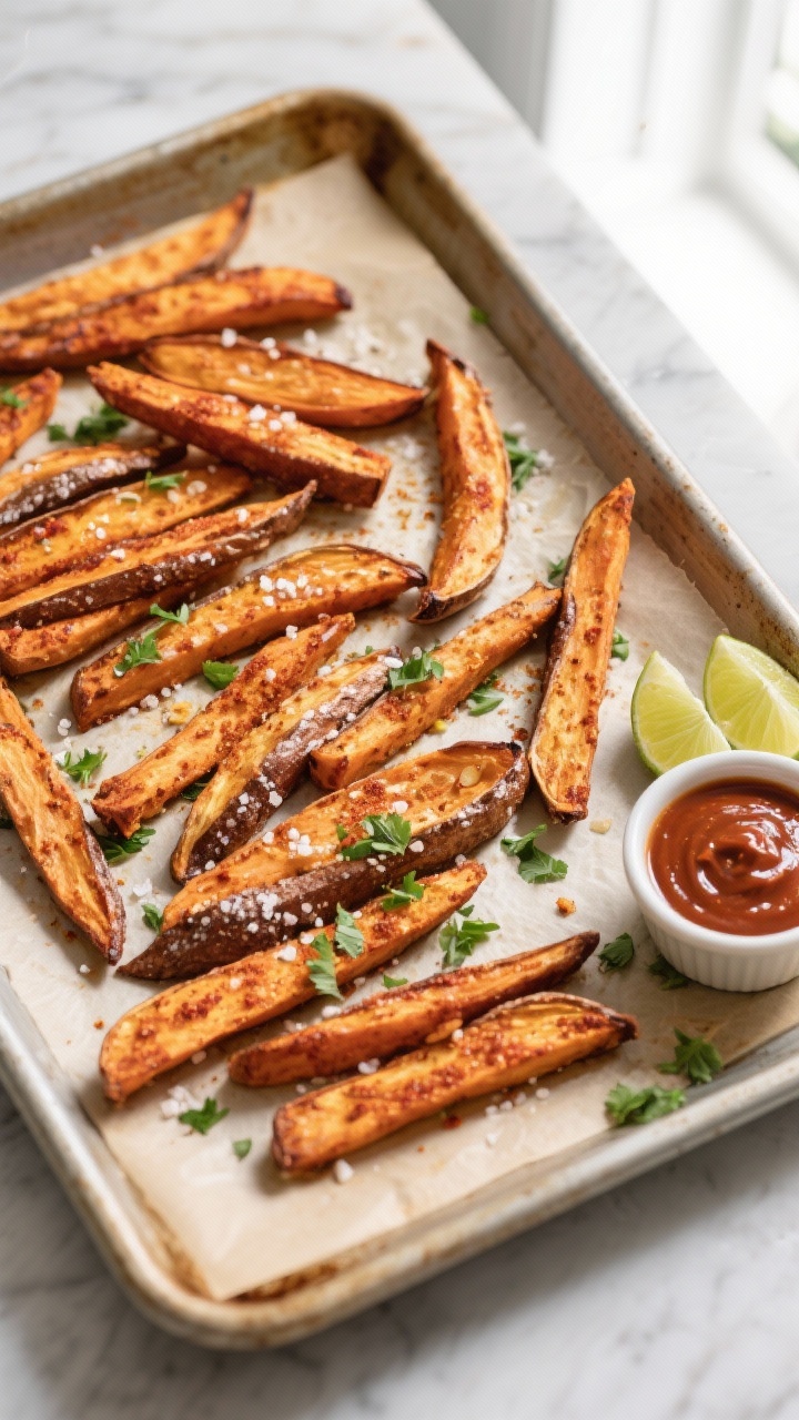 Overhead shot of crispy baked sweet potato fries just out of the oven, arranged in a single, well-sp