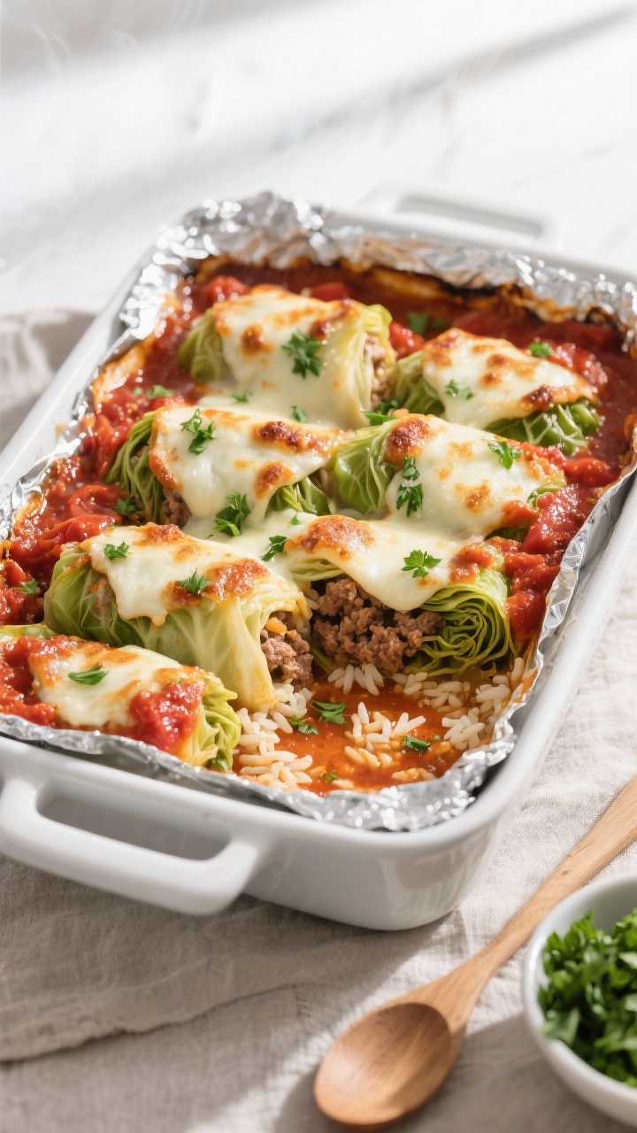 Overhead shot of Easy Cabbage Roll Casserole just out of the oven, foil pulled back to reveal bubbli