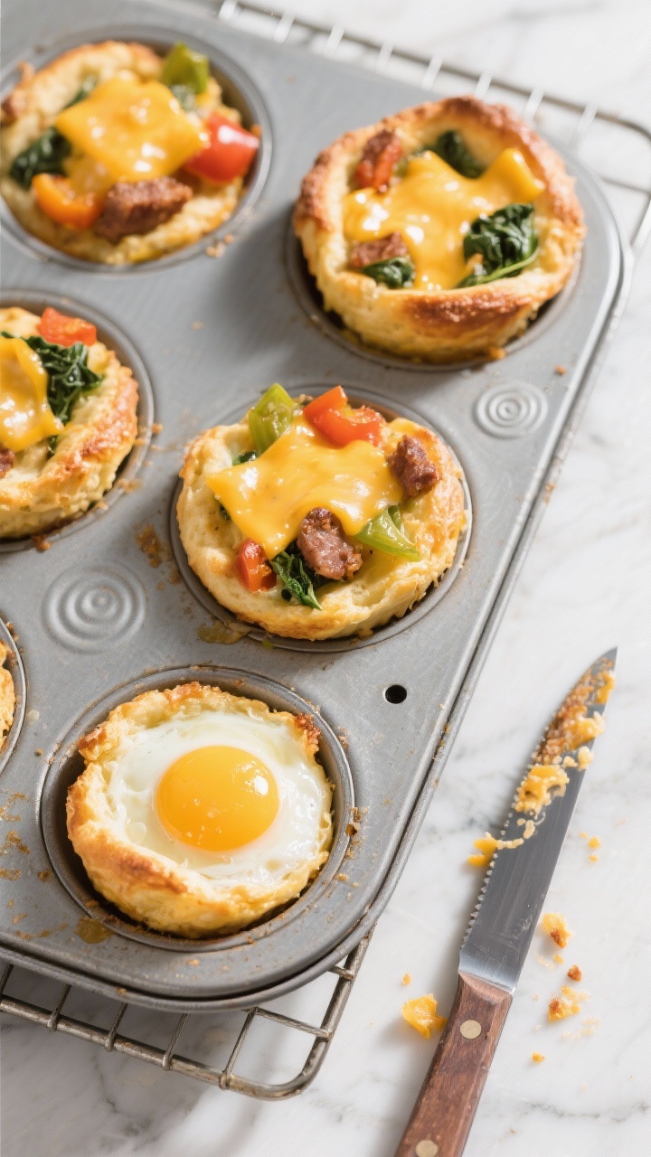 Overhead shot of freshly baked cheesy egg muffins cooling in a well-greased metal muffin tin on a wi