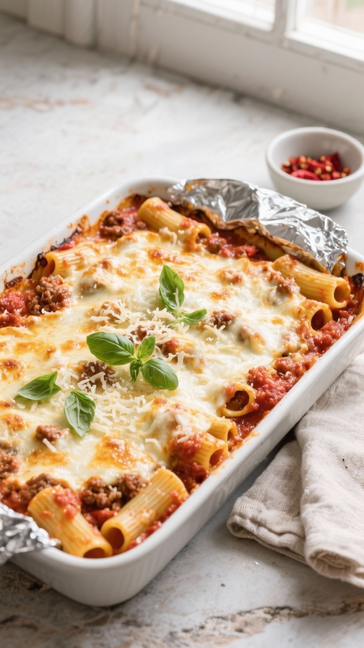 Overhead shot of freshly baked ziti casserole just out of the oven, cheese fully melted with light g