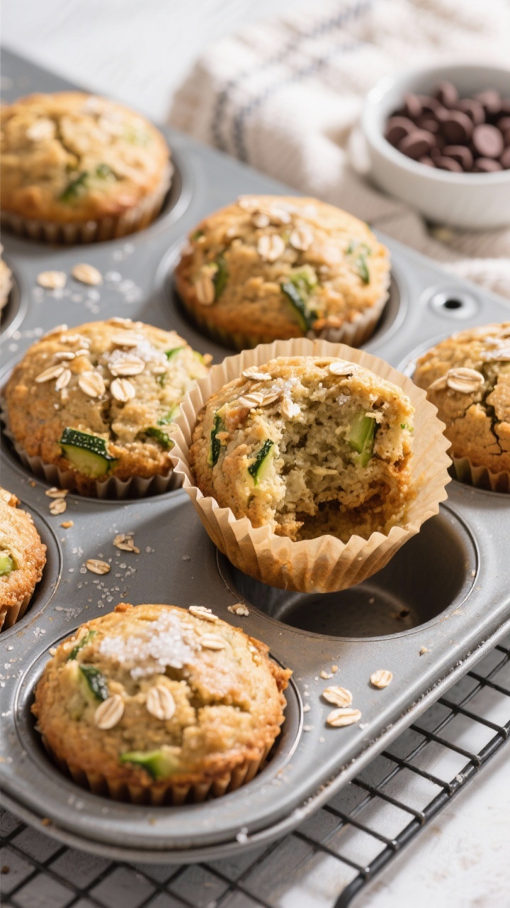 Overhead shot of freshly baked zucchini oatmeal muffins cooling in a metal muffin tin on a wire rack