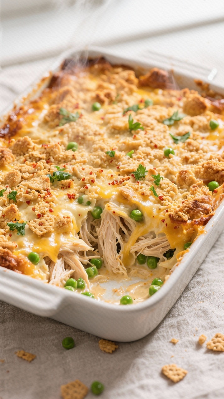 Overhead shot of Million Dollar Chicken Casserole just out of the oven in a 9x13 baking dish, edges 