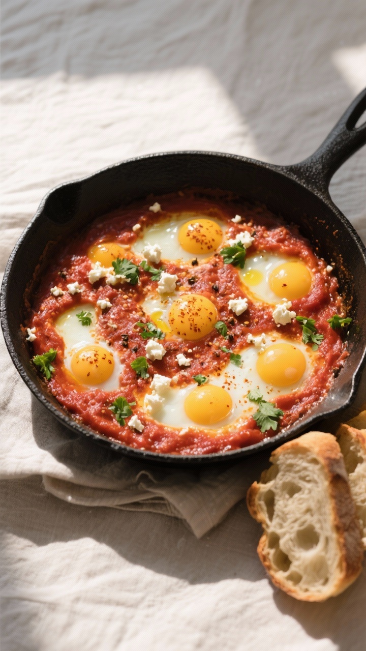 Overhead shot of shakshuka mid-cook in a wide black cast-iron skillet: thick, deep-red tomato sauce 