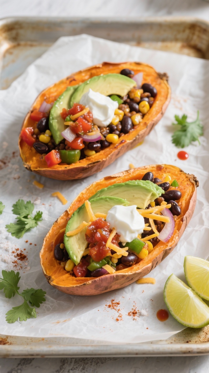 Overhead shot of taco-style stuffed sweet potatoes just after assembly on a parchment-lined sheet pa