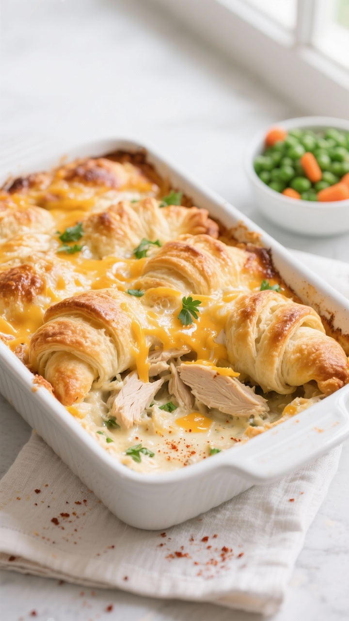 Overhead shot of the baked Chicken Crescent Roll Casserole just out of the oven: deep golden, puffed