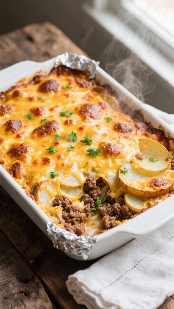Overhead shot of the baked Ground Beef and Potato Casserole just out of the oven, foil freshly remov