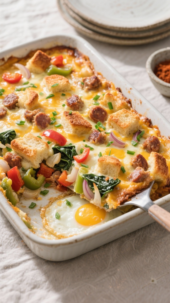 Overhead shot of the baked Sausage & Egg Breakfast Casserole just out of the oven, edges deeply gold